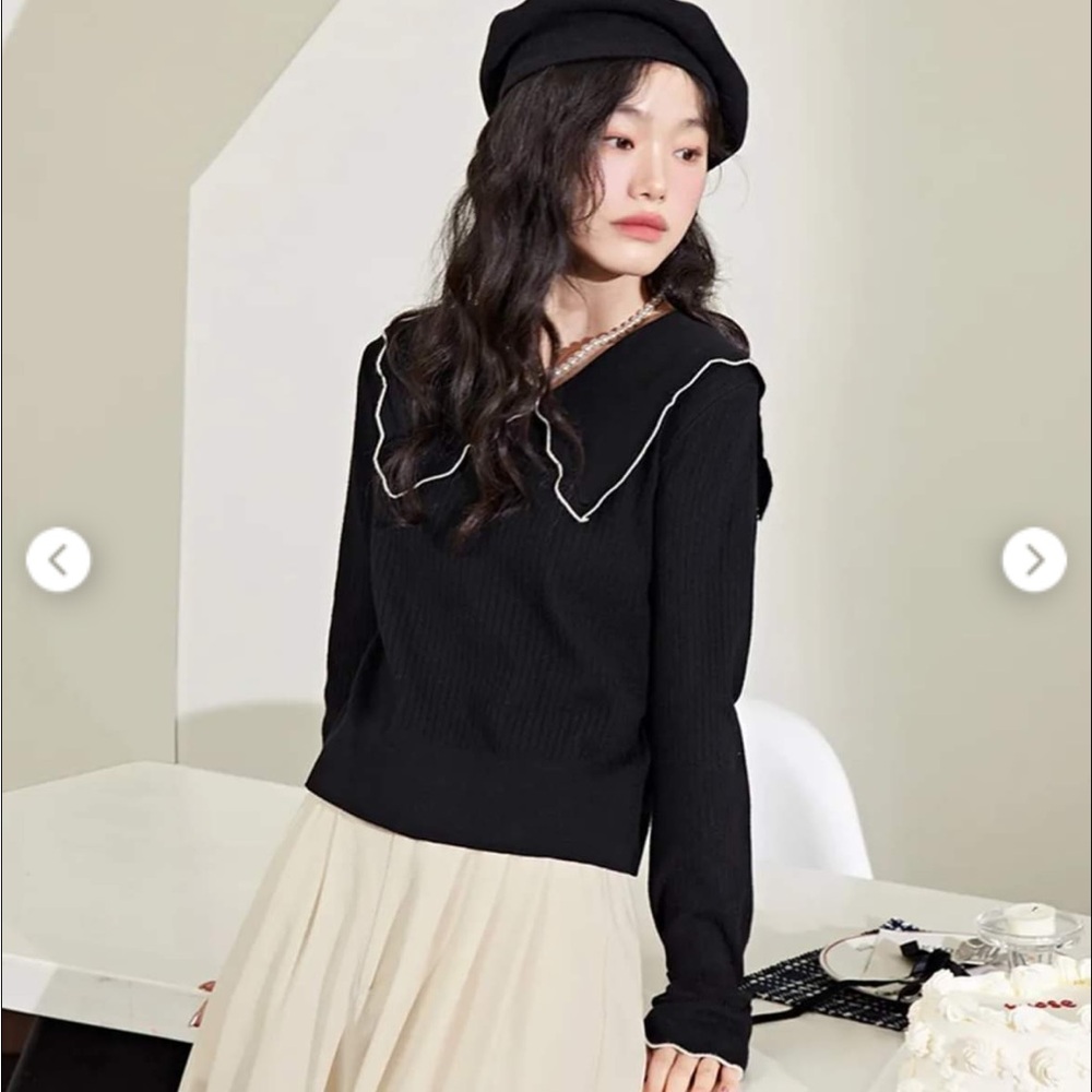 KUOSE Black Collared Knit Sweater Top